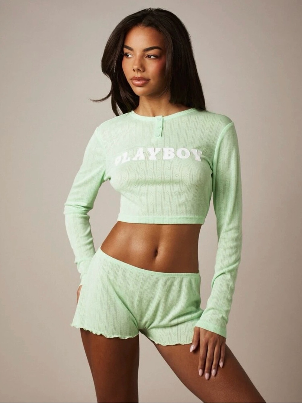 PLAYBOY Mint Ribbed Long-Sleeve Crop Top & Shorts Lounge Set